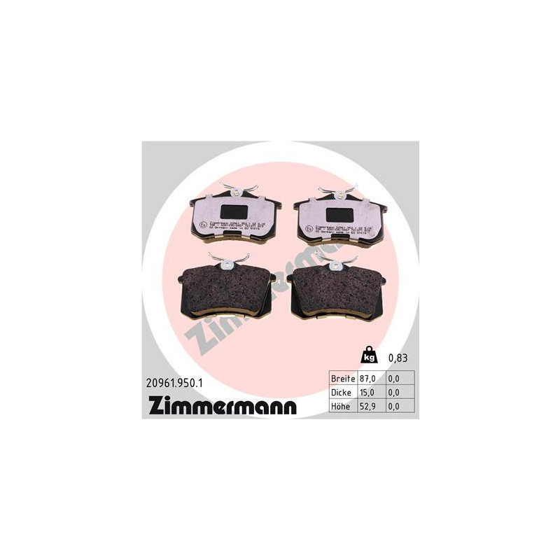 ZIMMERMANN 20961.950.1 Bremsbeläge Hinten für