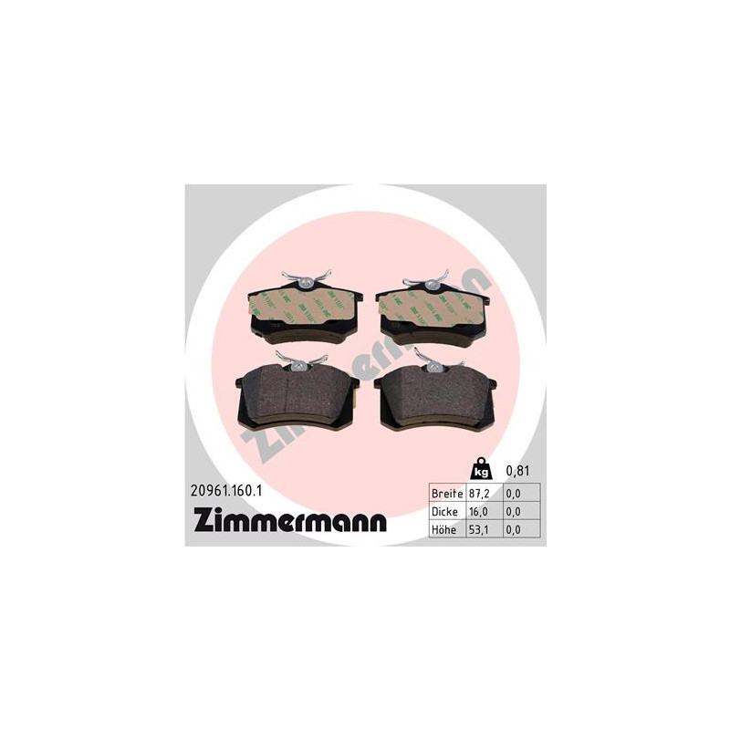 ZIMMERMANN 20961.160.1 Brake Pads Set