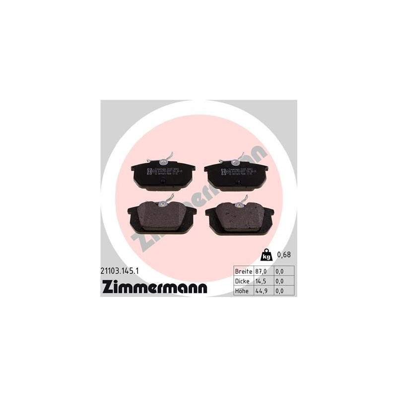 ZIMMERMANN 21103.145.1 Brake Pads Set Rear for