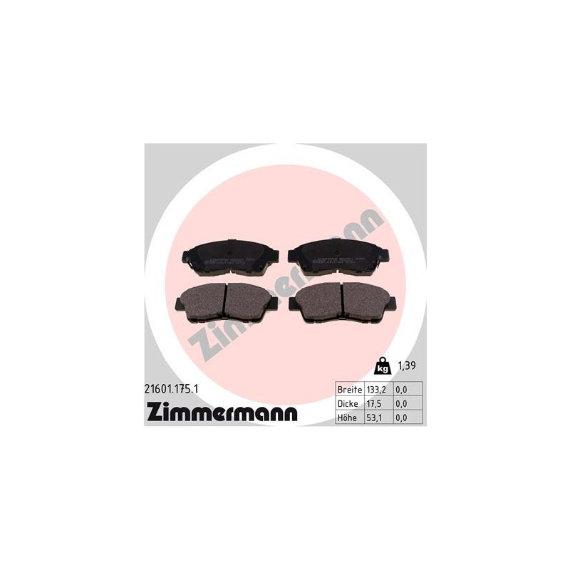 ZIMMERMANN 21601.175.1 Pastiglie freno Anteriore per