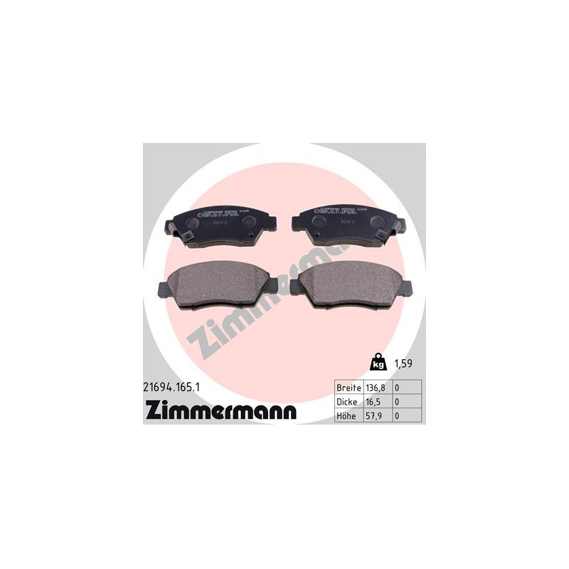 ZIMMERMANN 21694.165.1 Brzdové destičky Přední pro