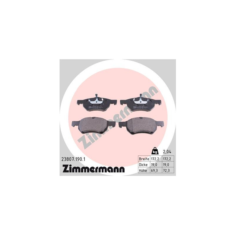 ZIMMERMANN 23807.190.1 Plaquettes de frein Avant pour