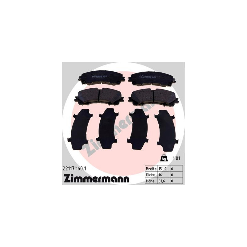 ZIMMERMANN 22117.160.1 Plaquettes de frein Avant pour