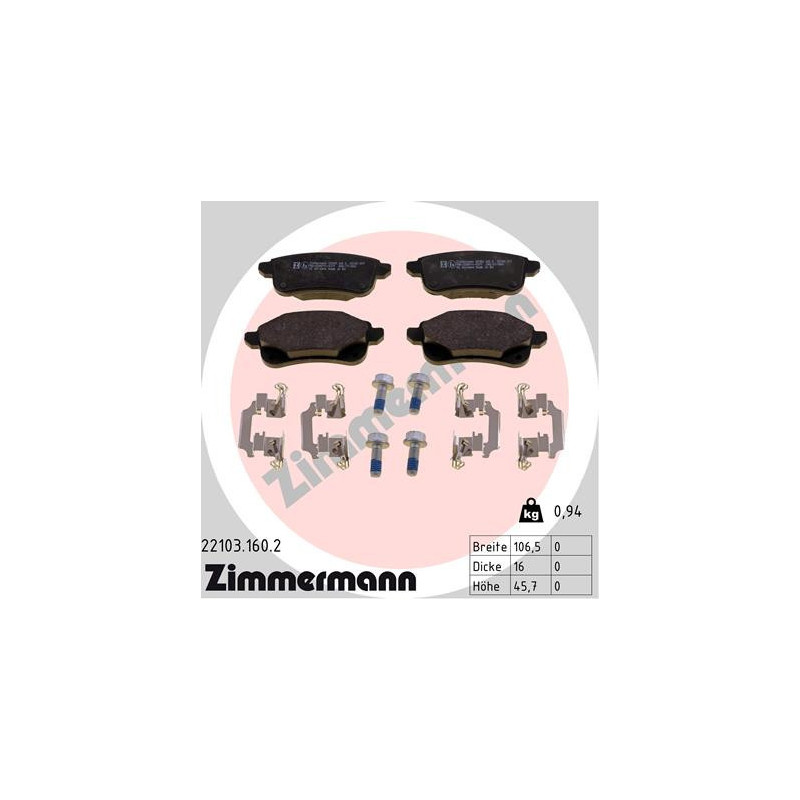 ZIMMERMANN 22103.160.2 Brake Pads Set Rear for