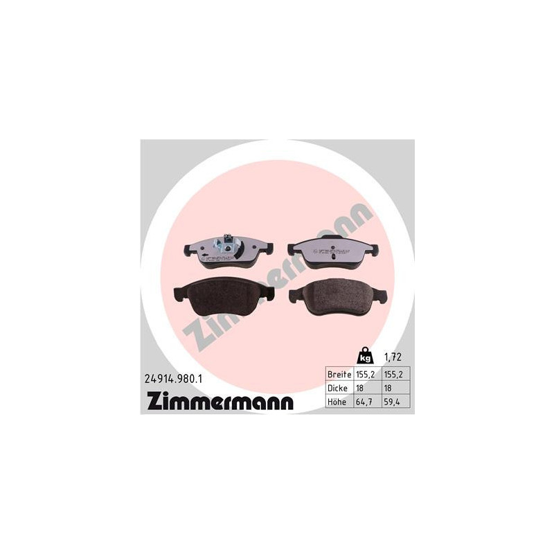 ZIMMERMANN 24914.980.1 Brake Pads Set Front for