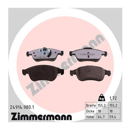 ZIMMERMANN 24914.980.1 Brake Pads Set Front for