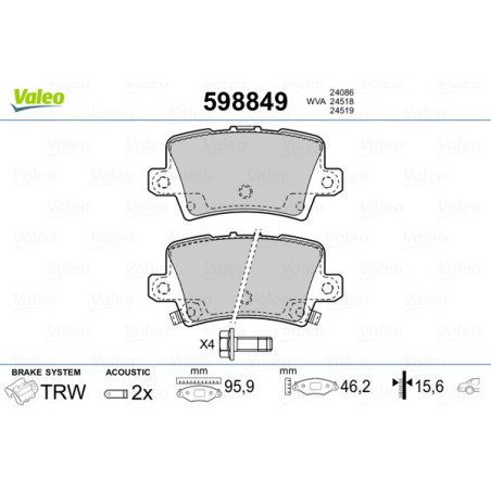 VALEO 598849 Brzdové platničky Zadné pre
