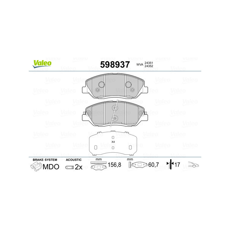 VALEO 598937 Bremsbeläge Vorne für