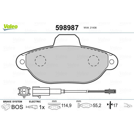 VALEO 598987 Brzdové platničky Predné pre
