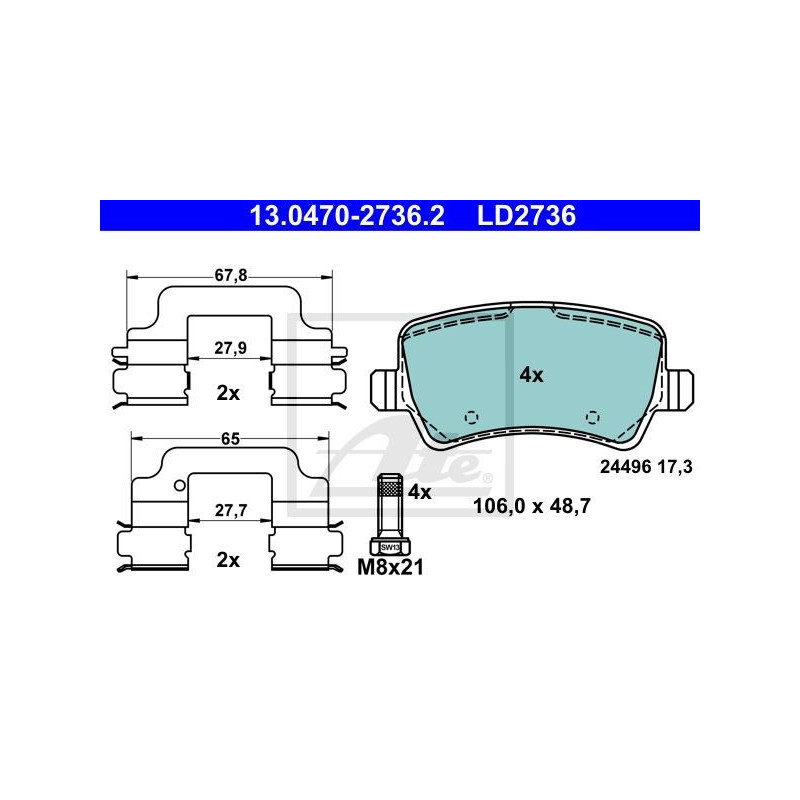 ATE 13.0470-2736.2 Plaquettes de frein arrière pour Volvo V60 V70 S60 S80 XC60 XC70