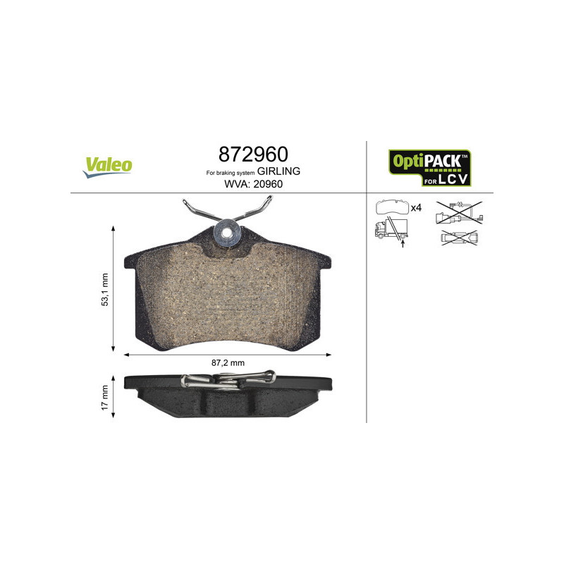 VALEO 872960 Klocki hamulcowe Tył dla
