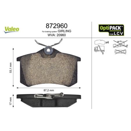 VALEO 872960 Pastillas de freno Trasero para