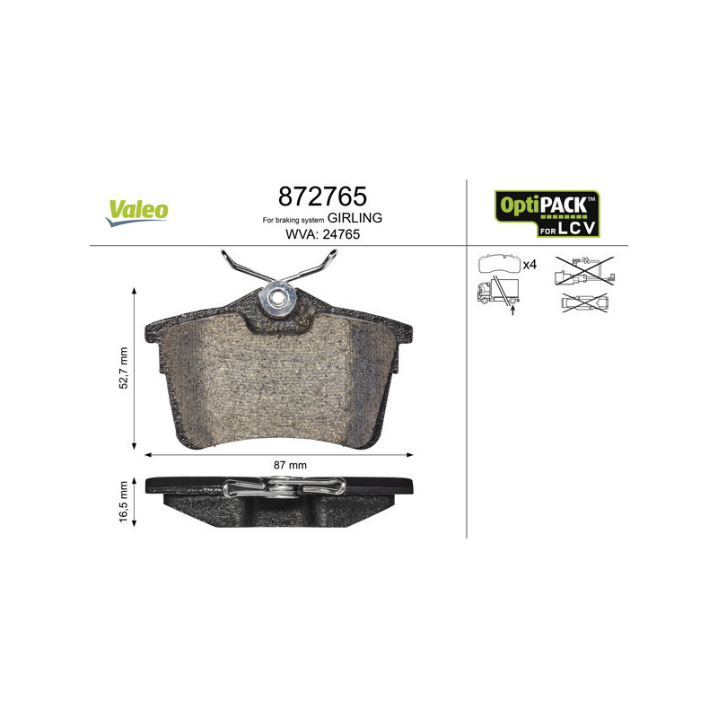 VALEO 872765 Klocki hamulcowe Tył dla
