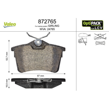 VALEO 872765 Plaquettes de frein Arrière pour