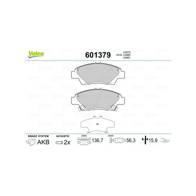 VALEO 601379 Brzdové platničky Predné pre