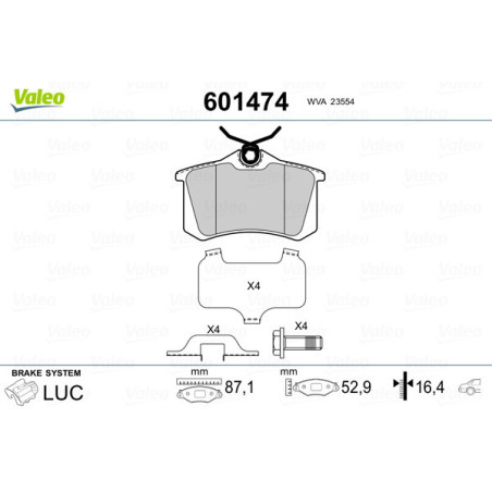 VALEO 601474 Brzdové destičky Zadní pro