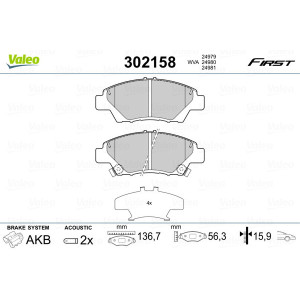 VALEO 302158 Brzdové platničky Predné pre
