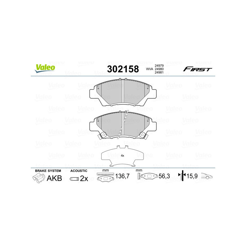 VALEO 302158 Brzdové platničky Predné pre