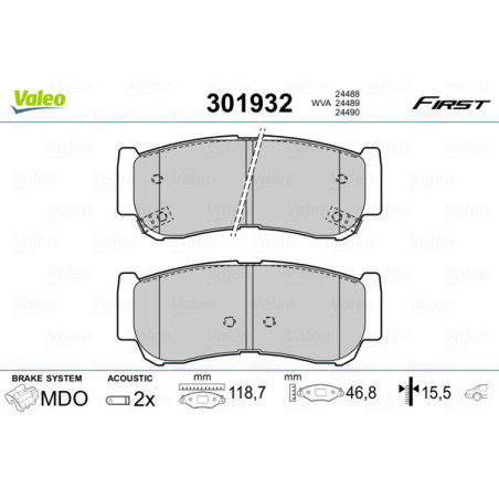 VALEO 301932 Brzdové destičky Zadní pro