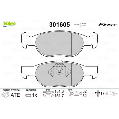 VALEO 301605 Brzdové platničky Predné pre