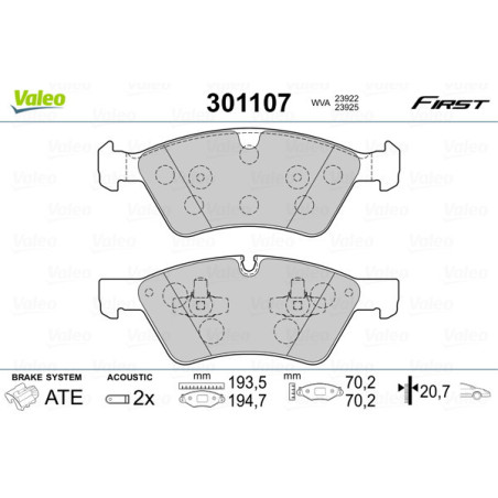VALEO 301107 Brzdové platničky Predné pre