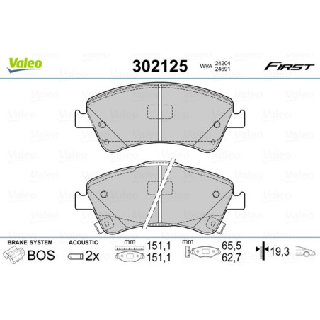 VALEO 302125 Brzdové platničky Predné pre