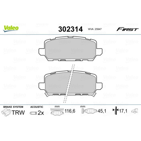 VALEO 302314 Klocki hamulcowe Tył dla
