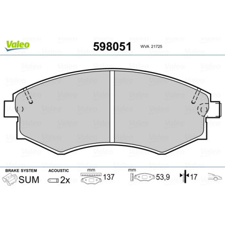 VALEO 598051 Brzdové platničky Predné pre