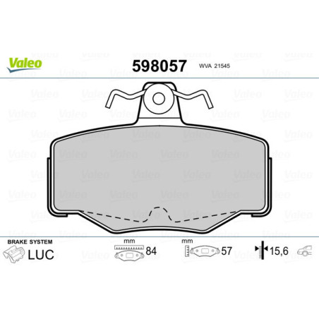 VALEO 598057 Brzdové platničky Zadné pre