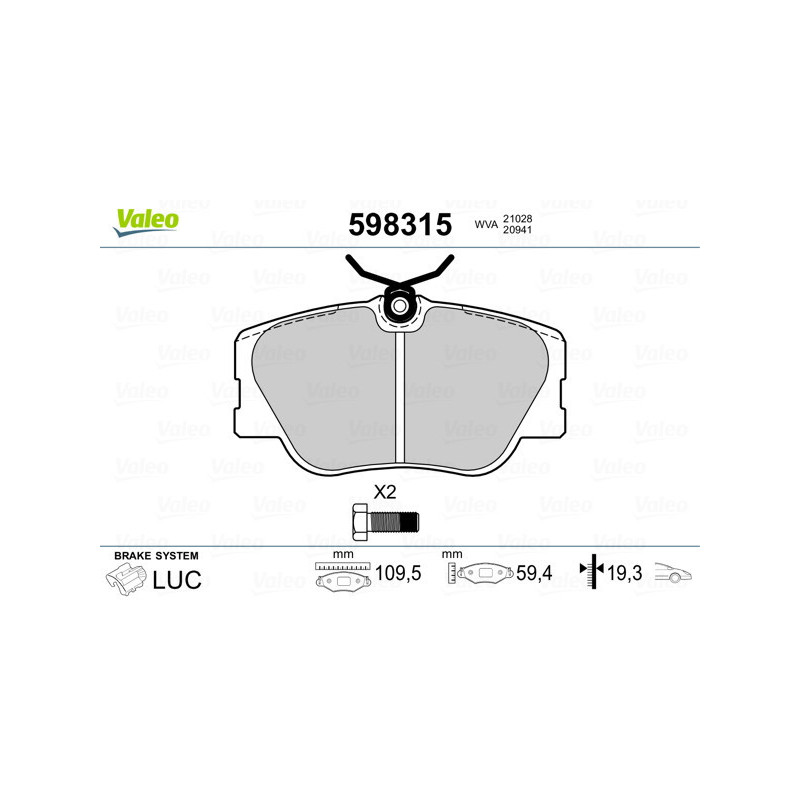 VALEO 598315 Brzdové platničky Predné pre