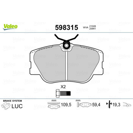 VALEO 598315 Klocki hamulcowe Przód dla