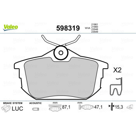 VALEO 598319 Klocki hamulcowe Tył dla