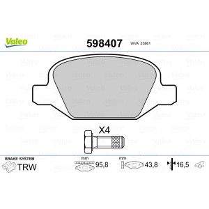 VALEO 598407 Brzdové platničky Zadné pre