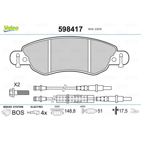 VALEO 598417 Brzdové platničky Predné pre