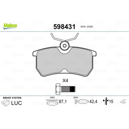 VALEO 598431 Pastillas de freno Trasero para
