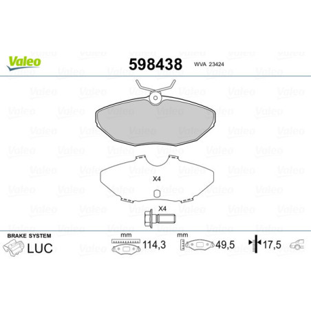 VALEO 598438 Pastiglie freno Posteriore per
