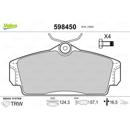 VALEO 598450 Brzdové platničky Predné pre