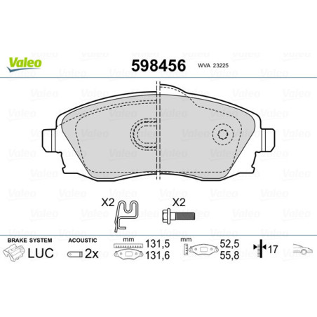 VALEO 598456 Brzdové platničky Predné pre