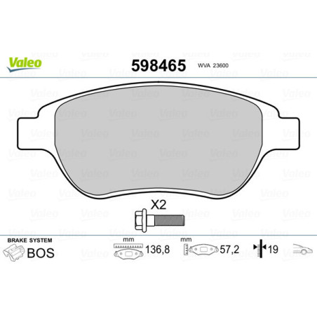 VALEO 598465 Brzdové platničky Predné pre
