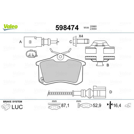 VALEO 598474 Klocki hamulcowe Tył dla
