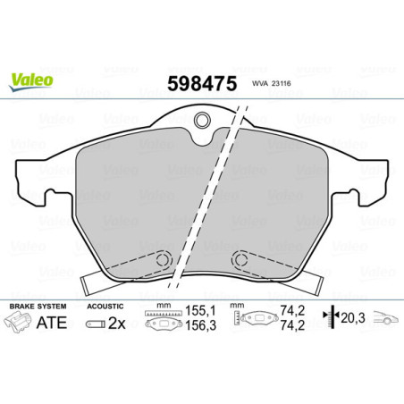 VALEO 598475 Brzdové platničky Predné pre