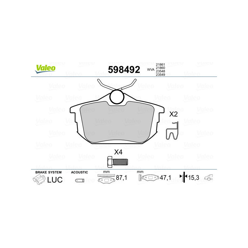 VALEO 598492 Klocki hamulcowe Tył dla