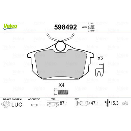 VALEO 598492 Pastiglie freno Posteriore per