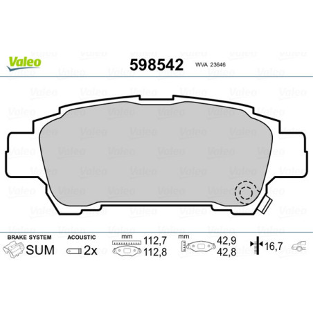 VALEO 598542 Brzdové destičky Zadní pro