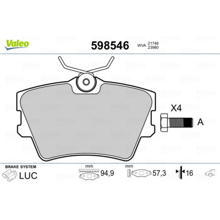 VALEO 598546 Pastiglie freno Posteriore per
