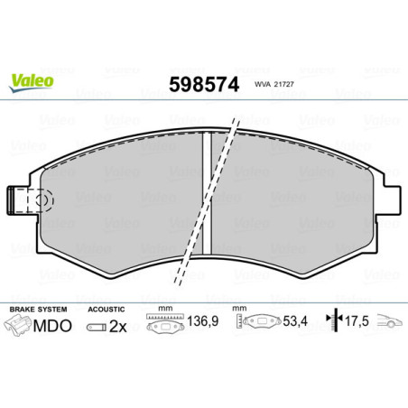 VALEO 598574 Brzdové platničky Predné pre