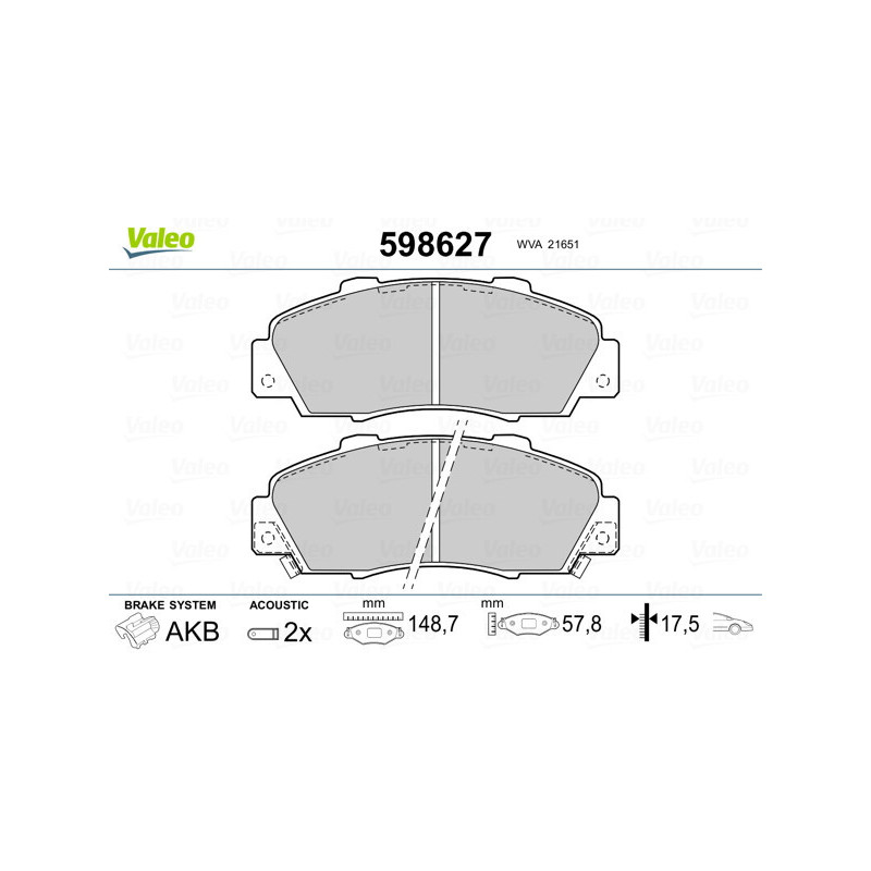 VALEO 598627 Brzdové platničky Predné pre