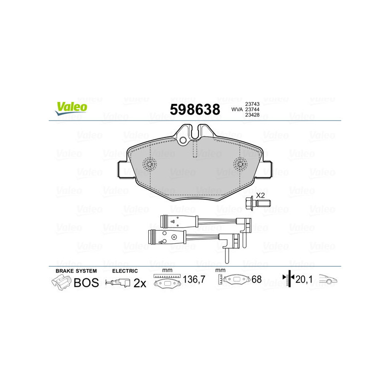 VALEO 598638 Brzdové platničky Predné pre