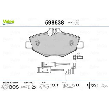 VALEO 598638 Brzdové platničky Predné pre