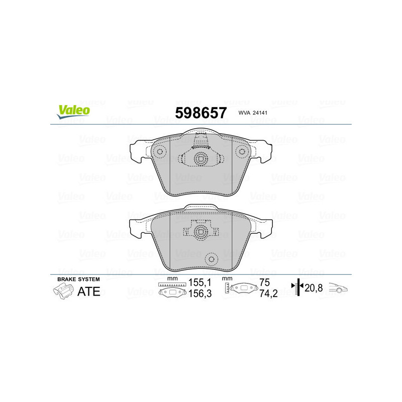VALEO 598657 Brzdové platničky Predné pre